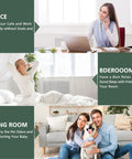 Office, bedroom, and living room settings showcasing happy individuals enjoying clean air, illustrating benefits of air purifiers.