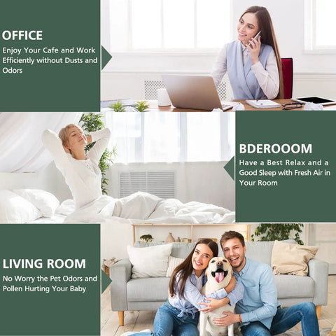 Office, bedroom, and living room settings showcasing happy individuals enjoying clean air, illustrating benefits of air purifiers.