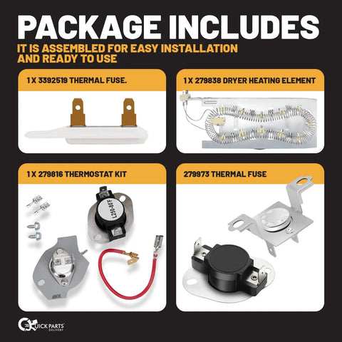 Dryer Repair Kit With 3387747 Heating Element, 279816 Thermostat Kit, And 279973 3392519 Thermal Fuse For Quick Fixes.