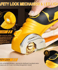 Slick Cordless Electric Scissors With Integrated Safety Shield And Quick Rechargeable 4V Battery showing safety lock and LED light features.