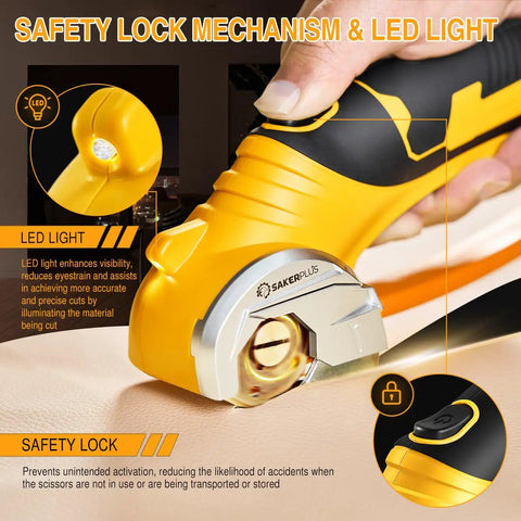 Slick Cordless Electric Scissors With Integrated Safety Shield And Quick Rechargeable 4V Battery showing safety lock and LED light features.
