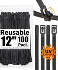 100 Pack Reusable Zip Ties 12 Inch Heavy Duty Outdoor UV Resistant Releasable Black Cable Ties Indoor packaging and close-up detail