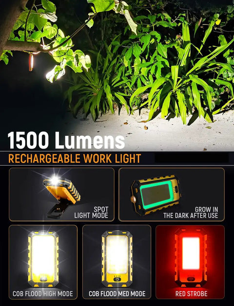 Rechargeable Magnetic LED Work Light 40W 1500 Lumens with Hanging Hook, four lighting modes, orange body, outdoor use