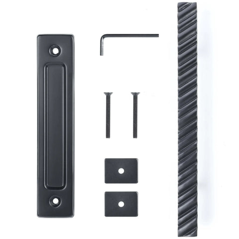 Solid Brass Sliding Barn Door Handles Set, 12 Inch Heavy Duty Two Sided Design, showing parts including screws and hex key.