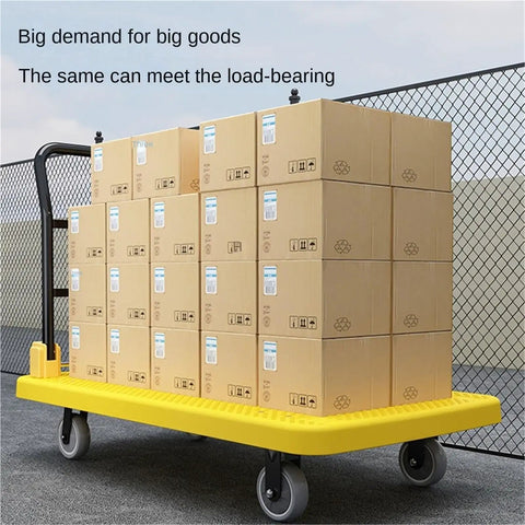 Rugged Heavy Duty Platform Cart Dolly With Thick Steel Flatbed Foldable Handrail 5 Inch TPR Wheels 360 Degree Swivel Rear Wheel, loaded with boxes