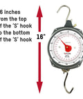 Dial Style 70-Pound Heavy-Duty Industrial Hanging Scale with S-hooks, high-visibility dial, bright red pointer, and stainless steel.