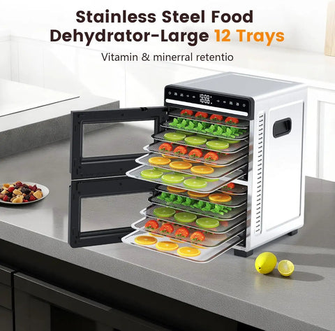 Top Shelf Workhorse Food Dehydrator Featuring 12 Sturdy Steel Trays And Precise Heat Controls Plus Marathon Timer for drying fruits and veggies.