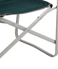 Close-up of Outpost Elite Folding Camping Chair With Side Table And Cup Holder, showing sturdy steel frame and weather-resistant fabric.