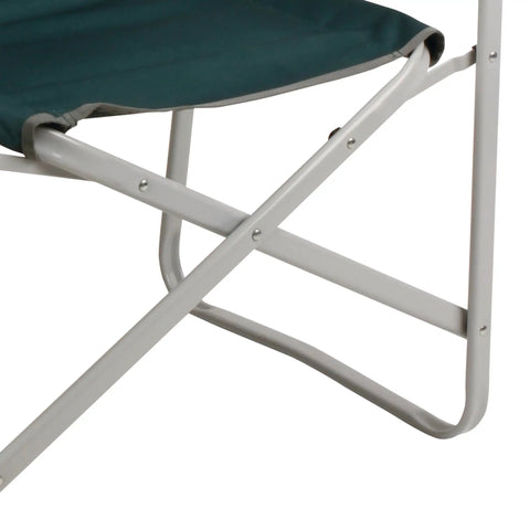 Close-up of Outpost Elite Folding Camping Chair With Side Table And Cup Holder, showing sturdy steel frame and weather-resistant fabric.