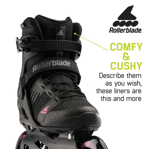 Macroblade 110 3WD Women's Fitness Inline Skates Black And Orchid, lateral view of high performance skate with comfort mesh
