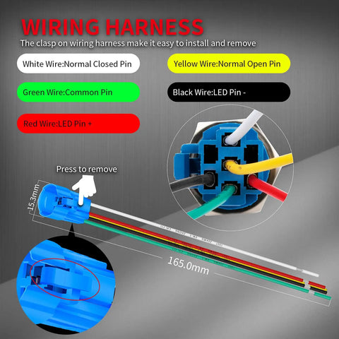 Wiring harness for 19mm 12V Latching Push Button Switch With Blue LED Light Waterproof Marine Grade On Off Prewired Button Bezel Mount