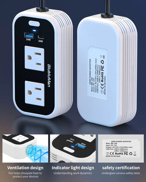 Hella Reliable 200W Car Power Inverter With Dual AC Outlets, 30W PD Fast Charger And QC3.0 USB Port, showing ventilation and safety features.