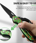 Close-up of 6 In 1 Multitool Carabiner with Pocket Knife in hand, showing liner lock mechanism, green handle with red accents.