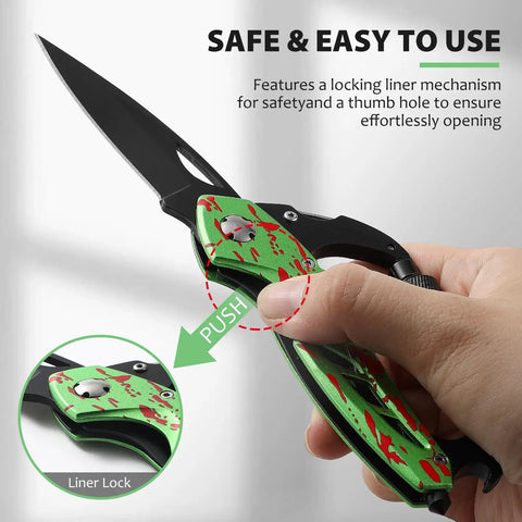 Close-up of 6 In 1 Multitool Carabiner with Pocket Knife in hand, showing liner lock mechanism, green handle with red accents.
