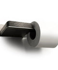 Pretty Tough Wall Mount Toilet Paper Holder With Rustic Charcoal Wood Shelf, Heavy Duty Steel Bathroom Roll Rack, No Sweat Setup, Total Farmhouse Game Changer For Real, angled view with steel bracket and toilet paper roll.