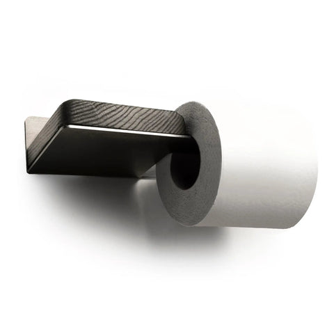 Pretty Tough Wall Mount Toilet Paper Holder With Rustic Charcoal Wood Shelf, Heavy Duty Steel Bathroom Roll Rack, No Sweat Setup, Total Farmhouse Game Changer For Real, angled view with steel bracket and toilet paper roll.