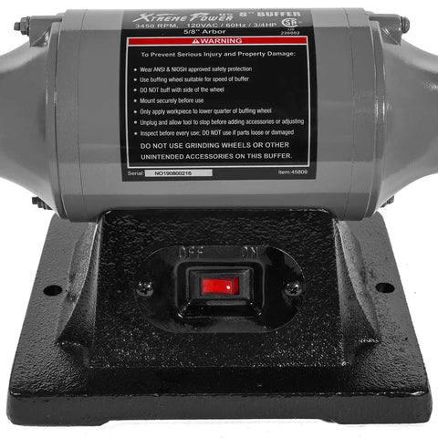 Front view of 8 Inch Dual Buffer Benchtop Grinder Polisher With 0.75 HP Motor, 3450 RPM, sturdy cast iron base and safety instructions