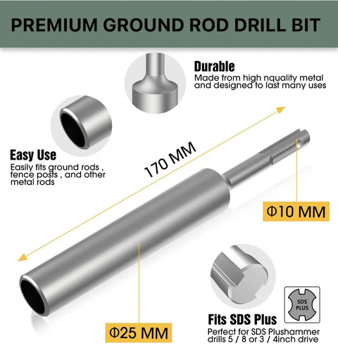 Ground Rod Driver For SDS Plus Rotary Hammer Bits 5/8 Inch And 3/4 Inch, dimensions labeled, durable metal adapter.