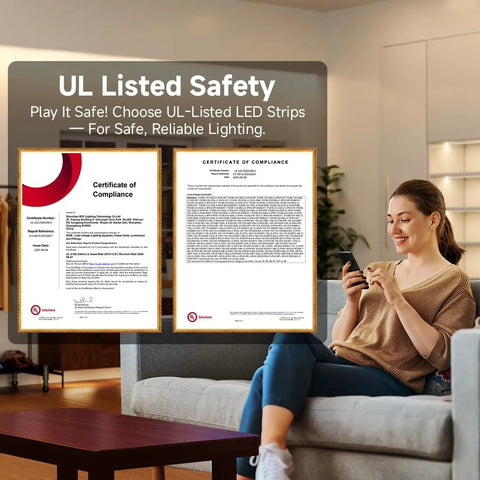 Woman on sofa with UL safety certificate, FCOB COB LED Strip Tunable 3000K To 6000K UL Listed 24V 16.4 Ft 640 LEDs shown