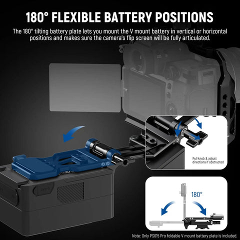 Foldable V Mount Battery Plate With Arca Type Quick Release Baseplate For DSLR Video Rig Lightweight Setup, 180° Tilt