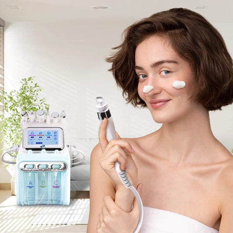 Woman using 6 In 1 Facial Machine For At Home Spa Grade Skin Care Device With Deep Cleansing Pore Tightening Hydration And Anti Aging Benefits