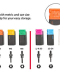 Mandrels for 8 Inch Rivet Nut Gun With Nut Setting System For M3 M4 M5 M6 And Threads One Quarter Twenty M10 shown with color-coded labels.