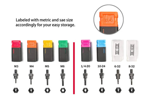 Mandrels for 8 Inch Rivet Nut Gun With Nut Setting System For M3 M4 M5 M6 And Threads One Quarter Twenty M10 shown with color-coded labels.