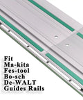 Guide Rail Connector Set For Track Saws Self Aligning Quick Connect Rails showing fit for multiple brands and green accents