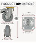 Product dimensions of Badass Four Inch Heavy Duty TPR Swivel Casters With Foot Lock Brakes And Reinforced Steel Plates.