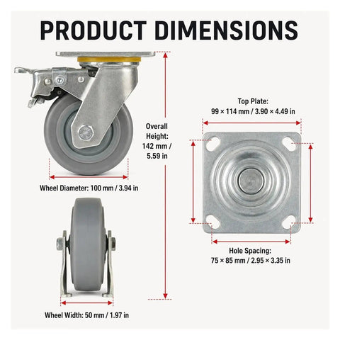 Product dimensions of Badass Four Inch Heavy Duty TPR Swivel Casters With Foot Lock Brakes And Reinforced Steel Plates.
