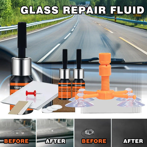 Windshield Chip Repair Kit For Cars And Home Glass With Fast Nano Penetrating Resin Filler That Stops Cracks From Spreading In 15 To 30 Minutes For Star Linear And Bullseye Cracks Two Pack shown with tools and resin bottles.