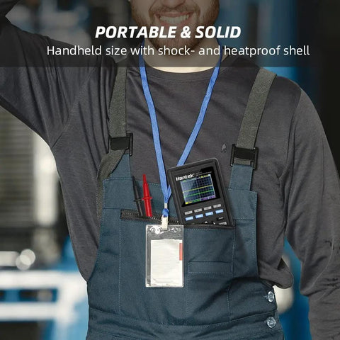 Person holding 3 In 1 Handheld Oscilloscope With 40 MHz 2 Channel Automatic Digital Oscilloscope in pocket, portable and rugged.