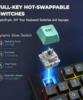 Top Shelf 75 Percent Wired Mechanical Gaming Keyboard With Rgb Backlit Keys And Slick Metal Media Dial For A Clean Desk Setup showing dynamic silver switch installation.
