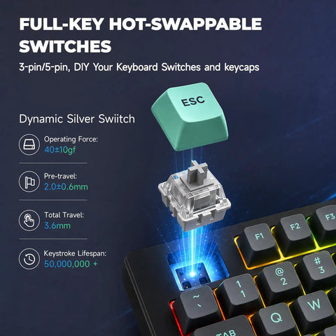 Top Shelf 75 Percent Wired Mechanical Gaming Keyboard With Rgb Backlit Keys And Slick Metal Media Dial For A Clean Desk Setup showing dynamic silver switch installation.