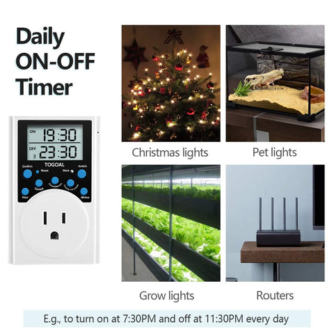 Plug In Timer With Infinite Repeat Cycles And Countdown 24 Hour Daily On Off Programs For Outlets Lights Hydroponic Pumps 120V 15A 2 Pack No Fuss Set It And Forget It Setup For Auto Power And Real Energy Savings shown with use cases in home settings, including Christmas lights, pet lights, grow lights, and routers.