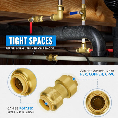 Push To Connect Pex Fittings Half Inch Kit With Couplings, 90 Degree Elbows, Tee Set, No Lead Brass, Copper CPVC on plumbing lines