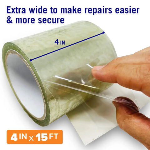 Close-up of Clear Waterproof Tape For Leaks Heavy Duty Marine Grade Seal Tape 15 Ft By 4 In being unrolled by hand