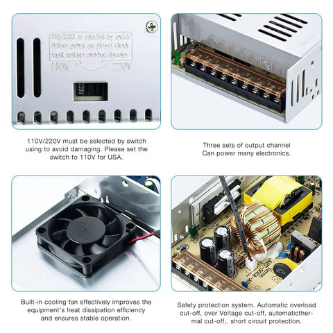 Heavy Duty 110V/220V To DC 12V 30A 360W Regulated Switching Power Supply For LED Strips And CCTV Cams, Three Output Channels