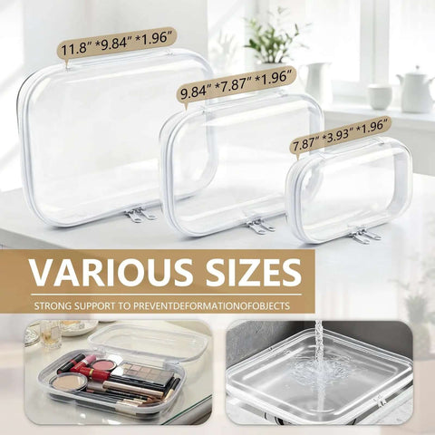 Slick Clear Hard Shell Zipper Case Set With 9 Multi Size Compartments showcasing three sizes of clear zippered cases for storage.