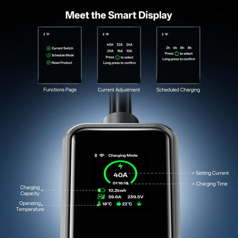 Smart display of Level 2 EV Charger With 40A NACS, 25Ft Extension Cord, WiFi Smart App, 240V NEMA 14 50 Plug with settings