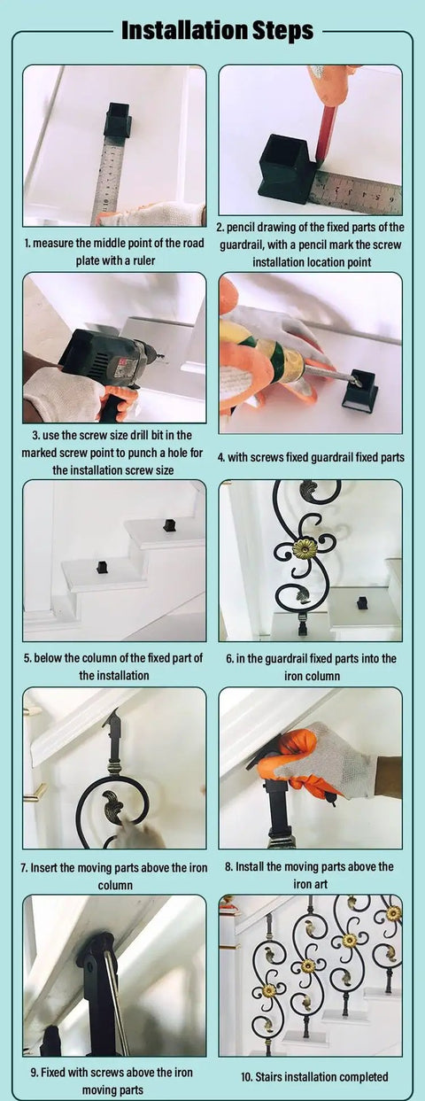Installation steps for Top Shelf Bronze Wrought Iron Balusters 25 Pack 95Cm Height Anti Rust Railing Spindles shown in images.