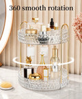 Two Tier Clear Rotating Makeup Organizer Stand Featuring Butter Smooth 360 Spin And Rock Solid Wobble Free Stability For Your Daily Skincare Routine With Reinforced Metal Base And Totally Functional Desktop Setup.