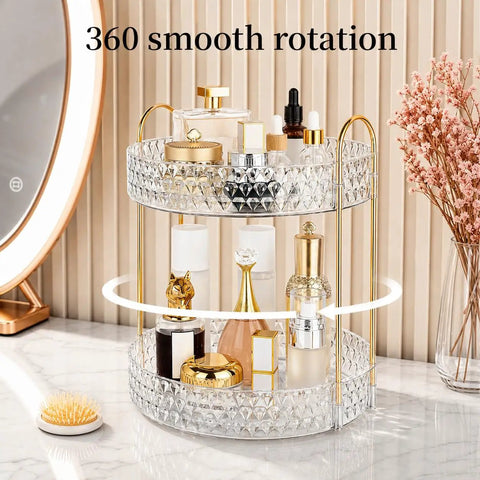 Two Tier Clear Rotating Makeup Organizer Stand Featuring Butter Smooth 360 Spin And Rock Solid Wobble Free Stability For Your Daily Skincare Routine With Reinforced Metal Base And Totally Functional Desktop Setup.