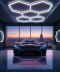 Hexagon LED Garage Light Kit 24 Pack Ultra Bright Ceiling Tubes 192W 23040LM 6500K Grid System installed in modern garage.