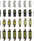 32 Piece LED Car Interior Light Kit With T10 Wedge And Festoon Bulbs For Dome Map Door Trunk Courtesy Lights Bright White Replacement Kit Includes 29mm 31mm And 41mm Sizes shown in rows.