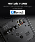 R2000DB Powered Bluetooth Bookshelf Speakers With Optical Input And 120 Watts RMS back panel showing multiple input options.