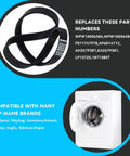 Washer Drive Belt For Top Load Washers That Hold Up, Compatible With Maytag Whirlpool Amana, Replacement Part AP6333320 PS12578772 4845287 W10808317 W1080831, black ribbed rubber washer drive belt with replacement part numbers and top-load washer