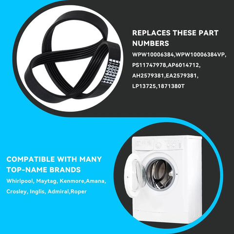 Washer Drive Belt For Top Load Washers That Hold Up, Compatible With Maytag Whirlpool Amana, Replacement Part AP6333320 PS12578772 4845287 W10808317 W1080831, black ribbed rubber washer drive belt with replacement part numbers and top-load washer