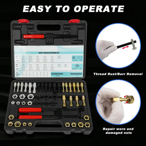 49 Piece Rethread Repair Tool Kit With Taps Dies And Files For UNC UNF And Metric Threads Master Pro Grade Thread Rethreading Set For Restoration And Cleaning Corrosion Includes Thread Chasers in a black case with tools displayed.