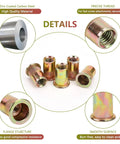 100 Pack 5/16 Inch Rivet Nut Set 5/16-18 UNC Flat Head Rivnut Inserts, Zinc Yellow Plated Carbon Steel Threaded Inserts close-up